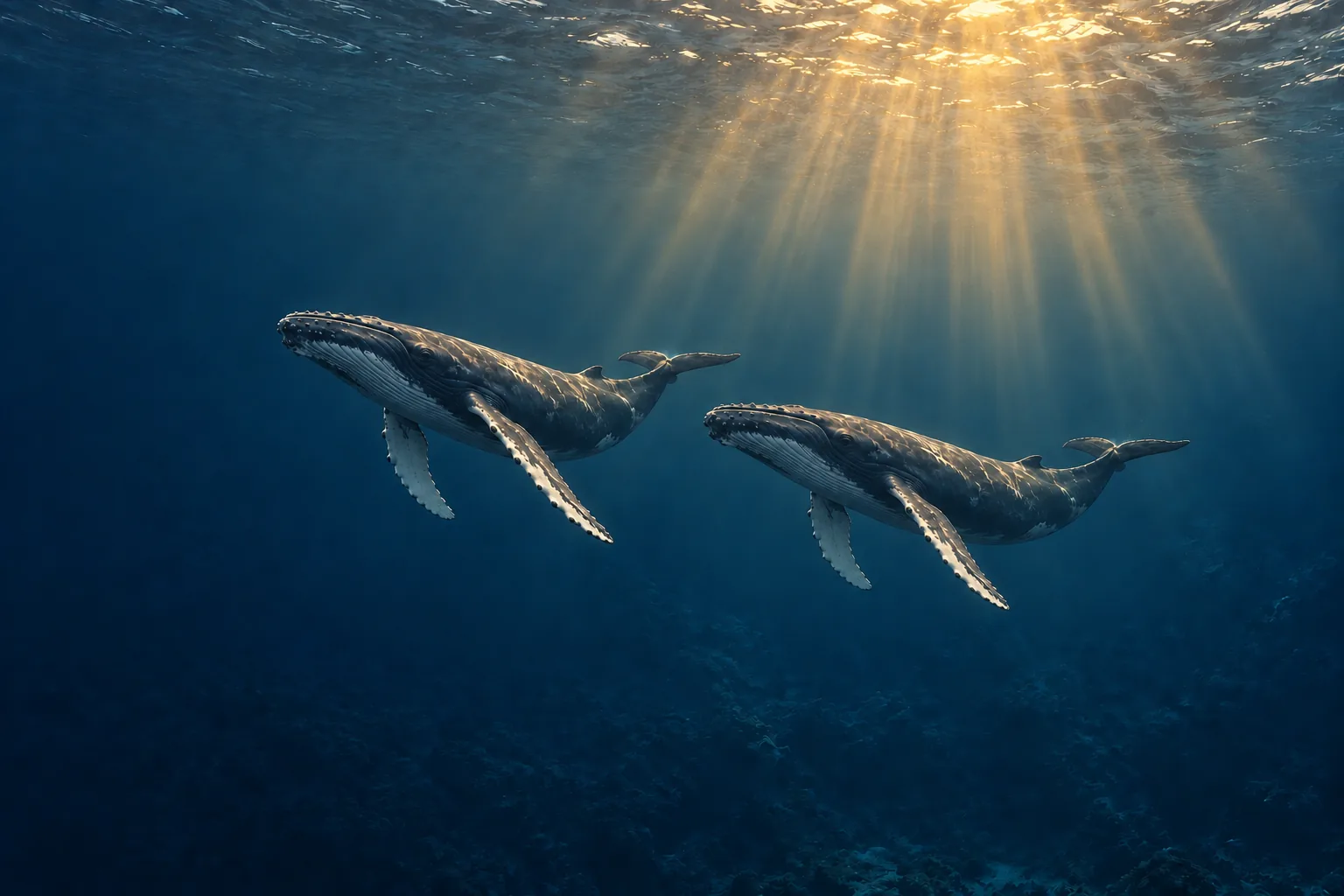 Two humpback whales swimming side by side in the same direction, in water crossed by light